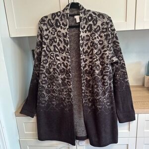 Chico's 100% Wool Animal Print Open Duster Cardigan Grey Black Mob Wife Sz 1 / M